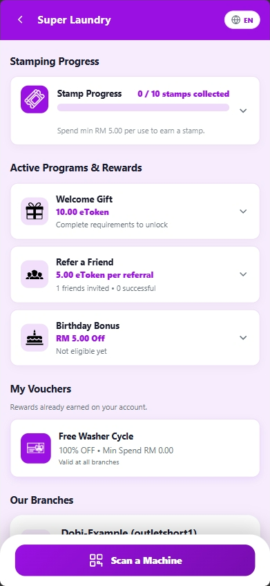 OPT Rewards promotion page showing washer and dryer stamping progress, welcome gift, referral, birthday bonus, and vouchers.