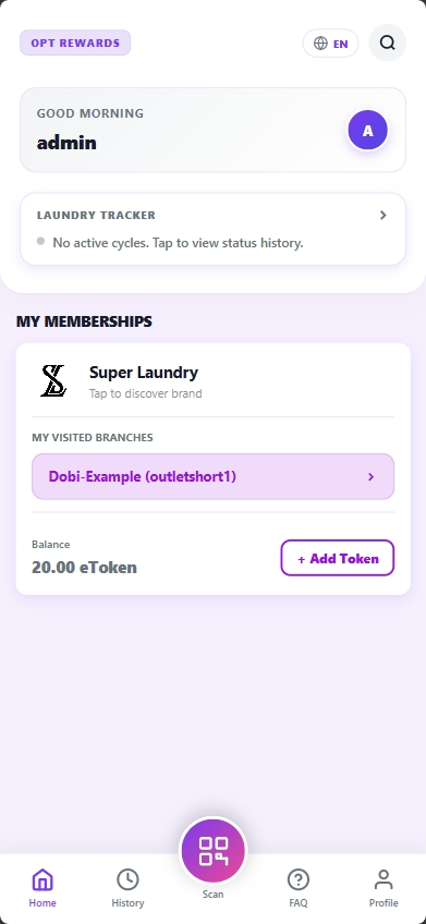 OPT Rewards member home page showing laundry memberships, eToken balance, scanner, history, FAQ, and profile navigation.
