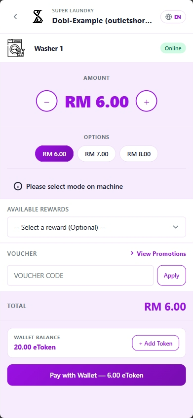 OPT Rewards machine payment page showing washer price options, reward selection, voucher code, and wallet payment button.