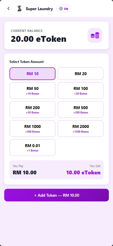 OPT Rewards top-up page showing eToken packages, bonus token tiers, and selected RM30 reload.